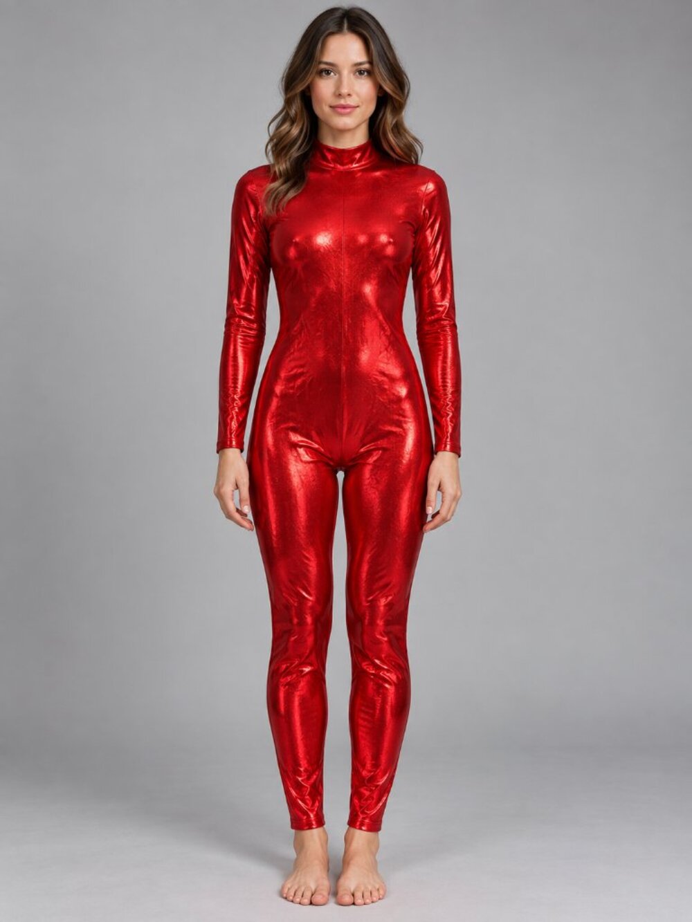 Kepblom Red Metallic Mock Neck Long Sleeve Unitard Catsuit Costume Adult S